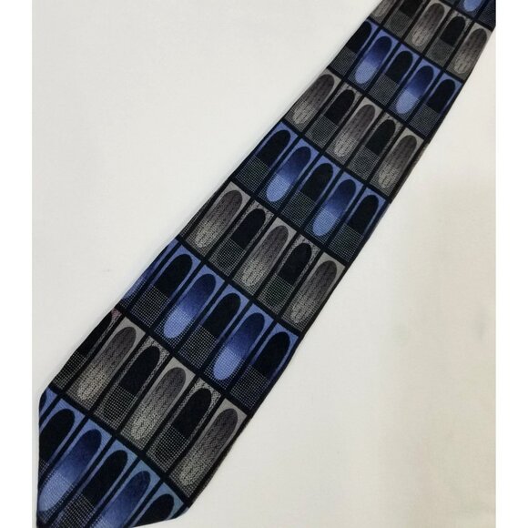 Mosaic Mens Necktie Handmade Silk Tie Blue Gray Geometric Cathedral Window - Picture 1 of 8